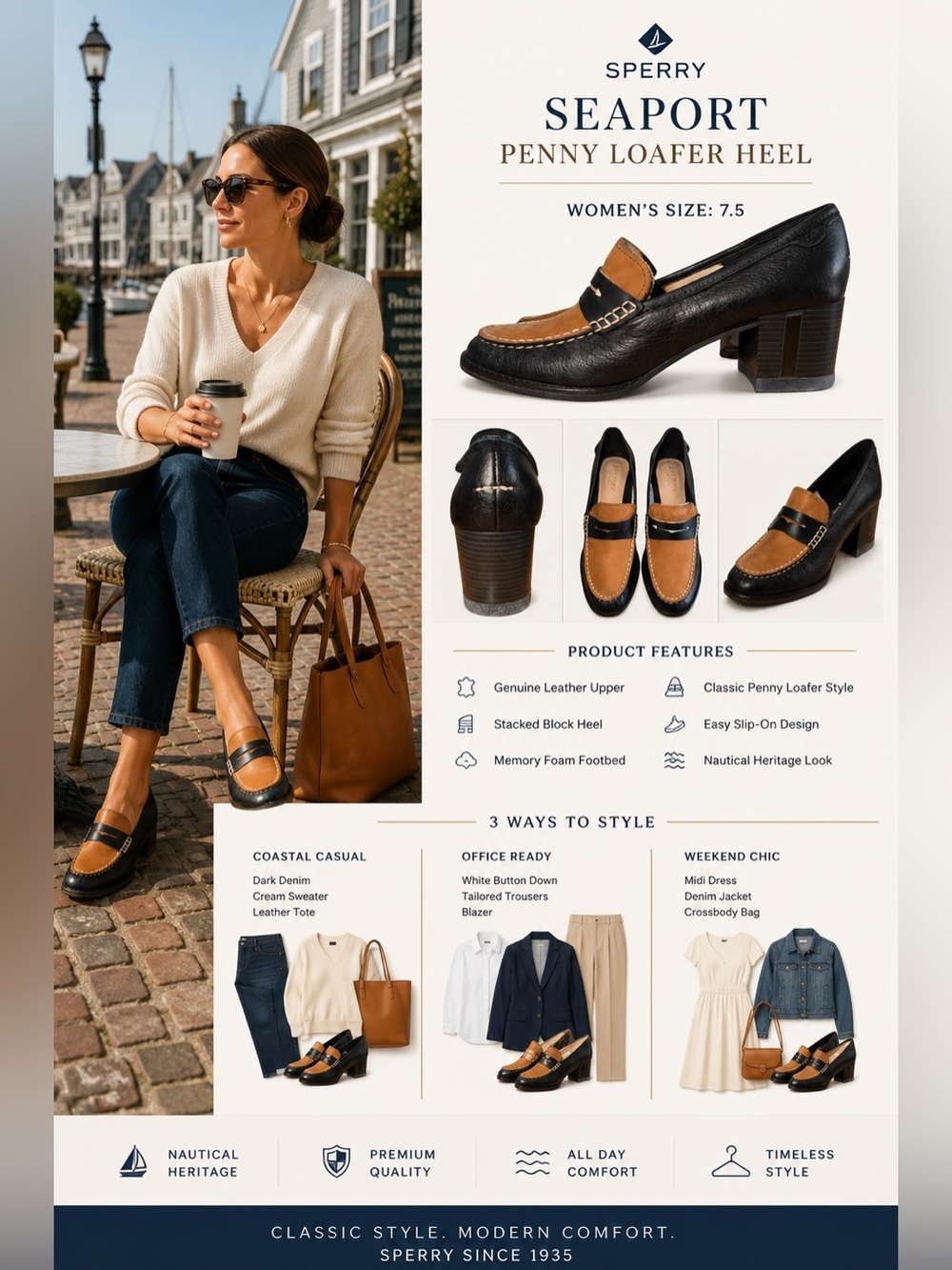 Sperry Seaport Penny Loafer Heels Womens 7.5 Tan Black Leather Block Heel Preppy - Picture 2 of 7